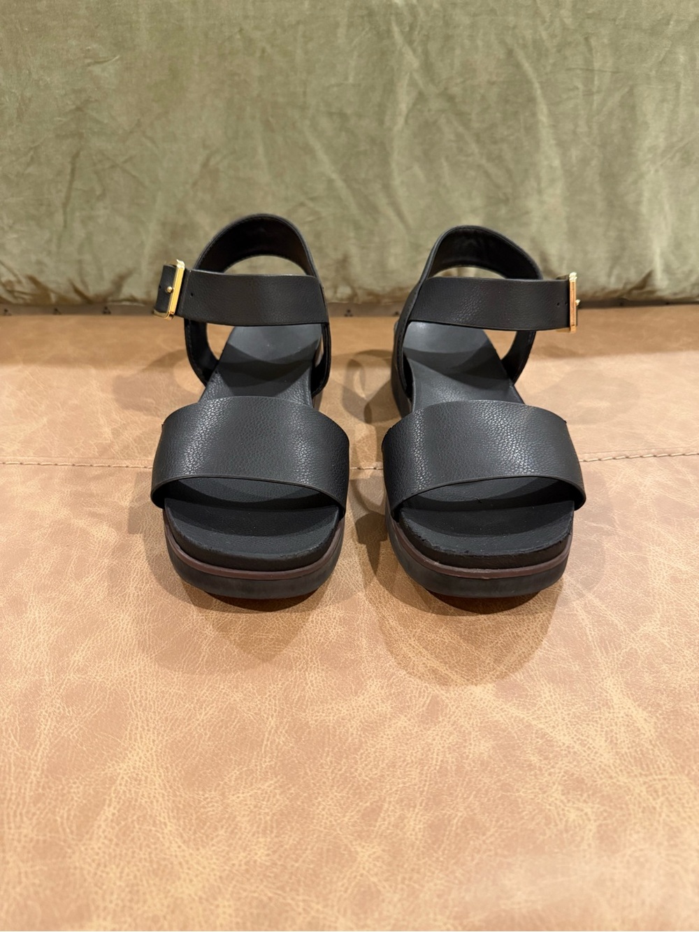 Life Stride Black Platform Ankle-Strap Sandals with Gold Buckle - Picture 2 of 5